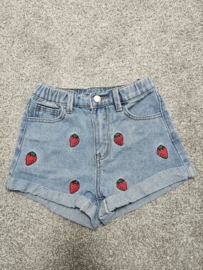 Shein Girl Light Blue Denim Shorts with Strawberry Patch Embroidery Size 9Y